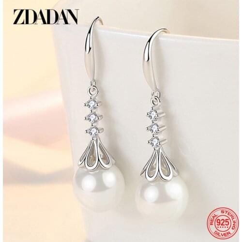 ZDADAN 925 Sterling Silver Drop Shaped Pearl Long Dangle Earring For Women Fashion Wedding Jewelry Gift