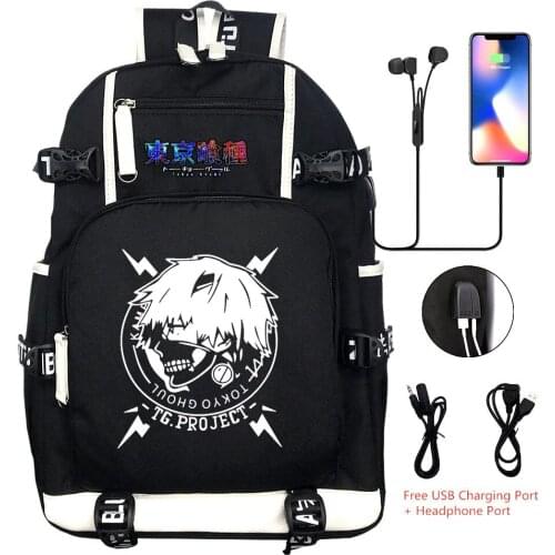 Tokyo Ghoul Kaneki Ken USB Backpack Anime Cosplay Printing Shoulder Travel Laptop Bags Kids Teens Student Schoolbags