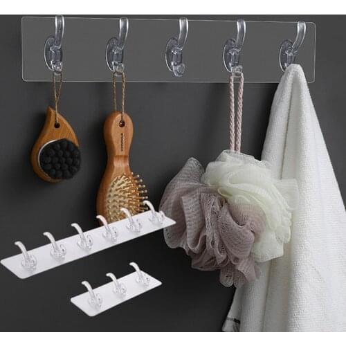 Bathroom Nail-free Wall Hook A Row of Traceless Hooks Wall Hanger Sticker Transparent Plastic Glue Hooks Kitchen Six Rows Hooks