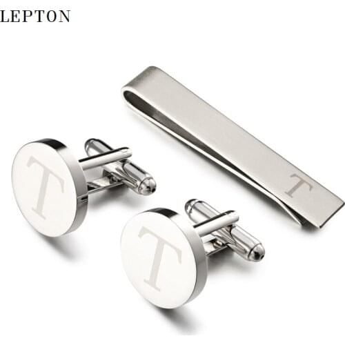 Lepton Round Laser Letter Cufflinks And Tie Clips Set Letters T Cuff links For Mens French Shirt Cuffs Cufflink Relojes Gemelos