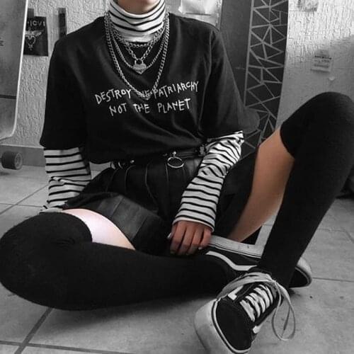 Aesthetic Destroy Patriarchy Women T Shirt Grunge Gothic Graphic Tee Cotton Short Sleeve Egirl Slogan Tumblr Summer Y2K Clothes
