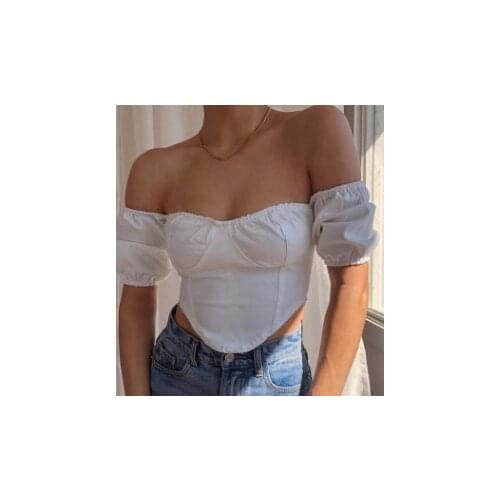 New Women Solid Color Clothing For Summer Off Shoulder Cropped Shirt Short Puff Sleeve Irregular Hem Tops Casual Wear S M L