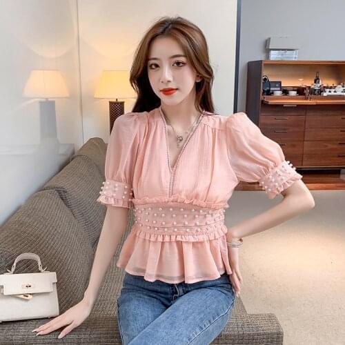 Womens chiffon blouse shirt short sleeve summer tops women sexy v-neck slim high waist elegant shirt ruffles hem beading blouse