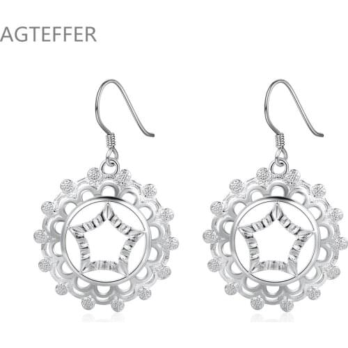 AGTEFFER 925 Sterling Silver Geometric Round Star Earring For Women Lady Wedding Engagement Party Fashion Jewelry