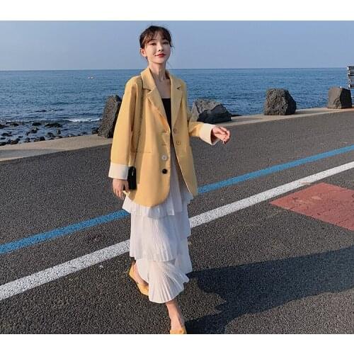 Blazer Women Womens Korean Style Single-breasted Loose Net Red Suit Casual Suit Jacket Long Sleeve Pockets Yellow Green Coats