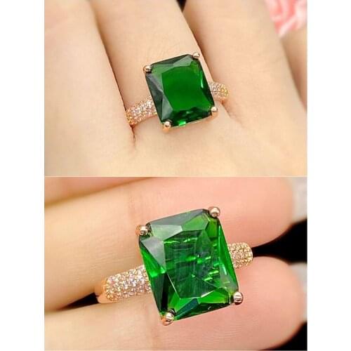 Square Rreen Emerald Gemstones Diamonds Rings for Women Bling Austrian Crystal Rose Gold Filled Bague Jewelry Bijoux Gifts Bands