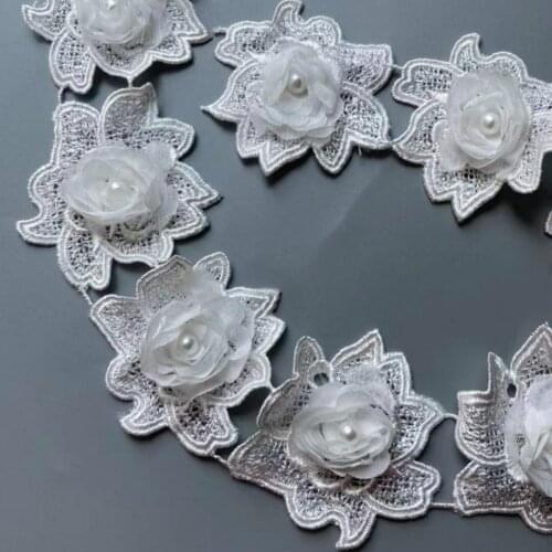 1 Yard White 7 X 6.5cm Rose Pearl Beaded Embroidered Flower Lace Ribbon Trim Floral Applique Patches Fabric Sewing Craft Vintage