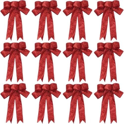 12 Pieces Christmas Ribbon Bows Glitter Christmas Bow Christmas Wreath Bow for Christmas Party Decoration