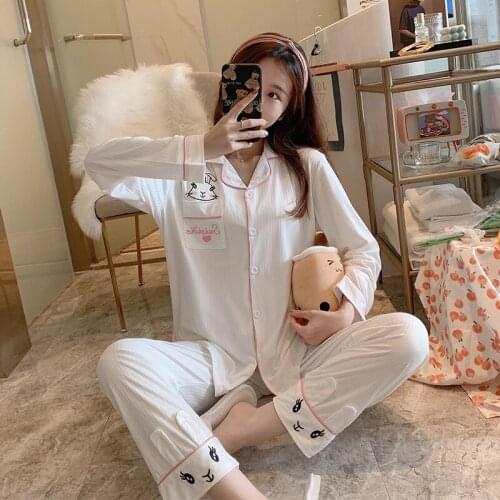 2021 Spring Autumn Long Sleeve Cotton Pajama Set for Women Cute Cartoon Sleepwear Suit Pyjama Homewear Pijama Mujer Home Clothes