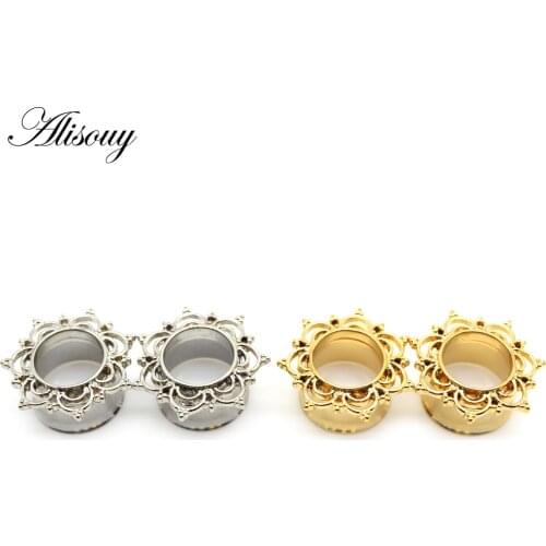 Alisouy 1 pair Copper Brass Stainless Steel Flower Ear Plugs Tunnel Expanders Stretcher Gauges Piercing Earring Body Jewelry