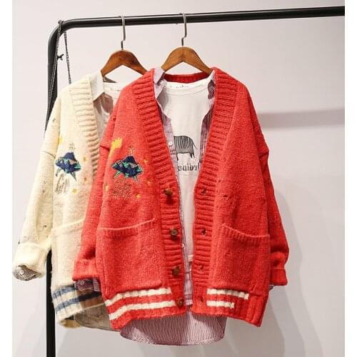 BoozRey 2021 Korean Cardigan Loose Mid-length Sweater Womens Wild College Wind Hole Embroidery Womens Thick Knit Sweater Tide