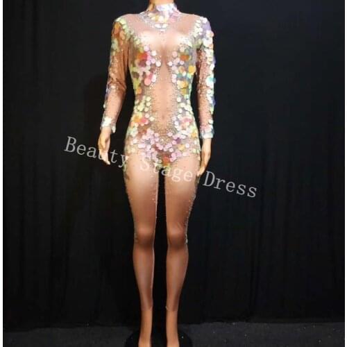 Colored Rhinestones One Piece Bodysuit pearl Elasticlong-sleeved adult stage costume Jumpsuit Stage Outfit Singer sexy clothing