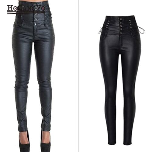 HCYO Women Stretch Jeans High Waist Straps Coated PU Leather Pants Jeans Skinny Faux PU Leather Pant Elastic Moto Pencil Pants