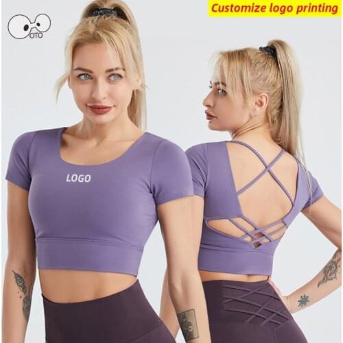Custom LOGO Sexy Padded Sports Crop Top Women Short Sleeve Gym Fitness Underwear Quick Dry Elastic Push Up Yoga Running Shirts