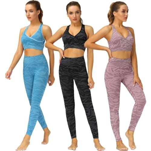 Camo sem costura conjunto de yoga das mulheres roupas de fitness ginásio conjuntos cintura alta leggings + sutiãs do esporte 2 p