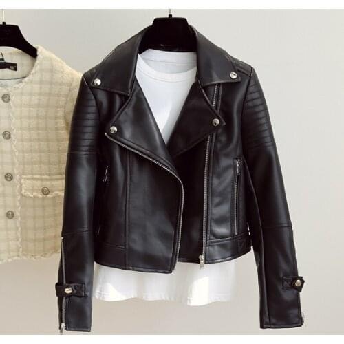 Leather Coat Women Slim Turn Down Collar Zipper Biker Moto Jackets And Coats New Spring Autumn Black Short Leather Jacket