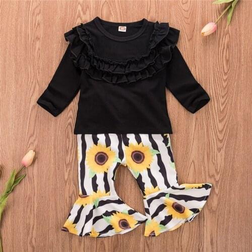 Newborn Kids Baby Girls free shipping Clothes solid Ruffle pullover long sleeve Tops Sunflower print Striped Pants 2pc Outfits