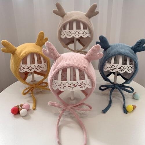 1-2 Years Old Baby Hat for Autumn and Winter New Solid Color Antler Knitted Hat Thick Warm Ear Protection Cute Woolen Hat Beanie