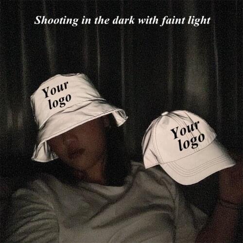 Custom Logo Unisex Silver Grey Reflective Baseball Caps Adjustable Sports Empty Top Hat Night Party Luminous Panama Bucket Hats