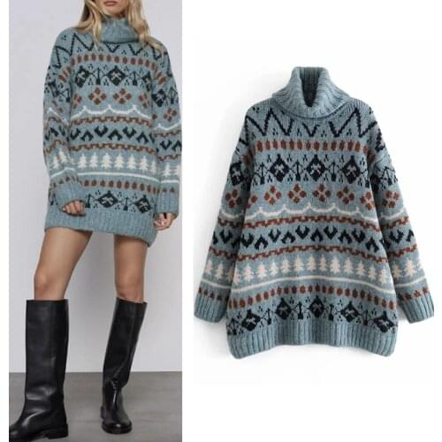 Za Turtleneck Sweater Womens Fashion Oversized Sweaters 2020 Blue Jacquard Long Sleeve Christmas Sweater Casual Loose Warm Top