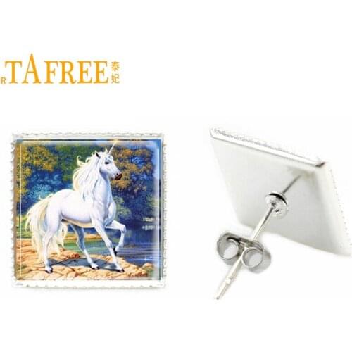 TAFREE new unicorn square stud earrings for women animal horse glass cabochon stud earring jewelry E387