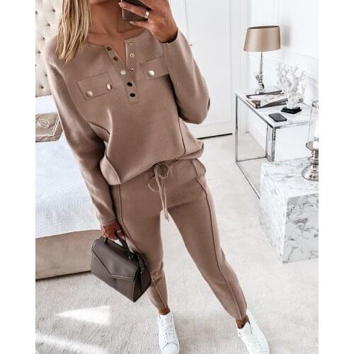 2021 tracksuit Solid Sweater and Elastic Trousers Suits Knitted Two Piece Buttoned Pocket Design Top & Drawstring Pants Set