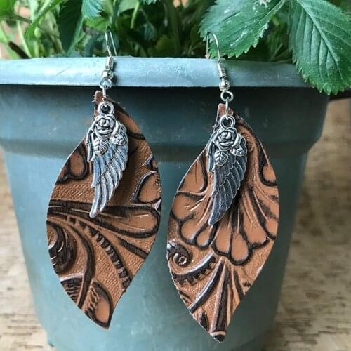 Vintage Feather Leather Earrings for Women Rose Wing Pendant Embossed Genuine Leather Handmade Western Dainty Boho Gift for Mom