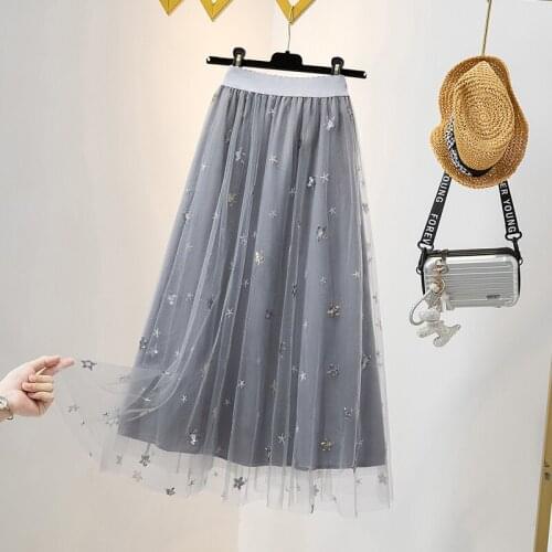 Mesh Stitch Stars Long Plus Large Size Oversize Korean Style Fashion WomenS Clothing Vintage 2021 Casual High Waist Skirts