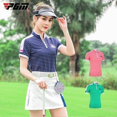 Women Striped Training Golf Shirt Summer Short Sleeved T-shirt Ladies Dry-fit Slim Tops Stand Collar Breathable Golf Cloth