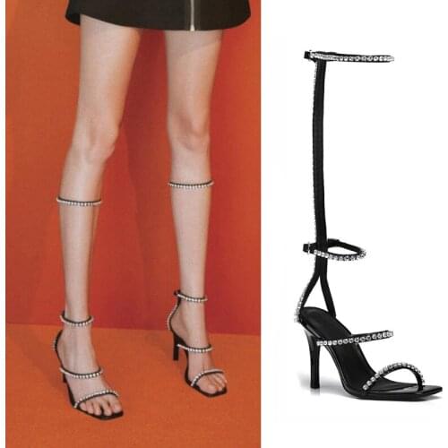 Women sexy gladiator sandals over the knee strap high heels woman party thin heels dress shoes rhinestone stiletto