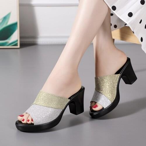 Logoneone Womens Slippers Sandals 2021 Summer New Female Shoes Fashion 7.5cm High Heels Slides Casual Shoes