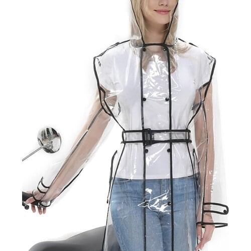 Women Transparent Raincoat Belted Waterproof Jacket Clear Rain Hooded Coat poncho household products