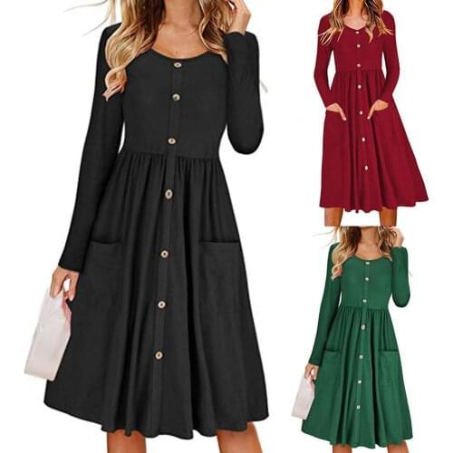 Women O Neck Pleated Hem Midi Dress Long Sleeve Buttons Closure Pockets Women Tunic Dress Streetwear Autumn Women Clothing