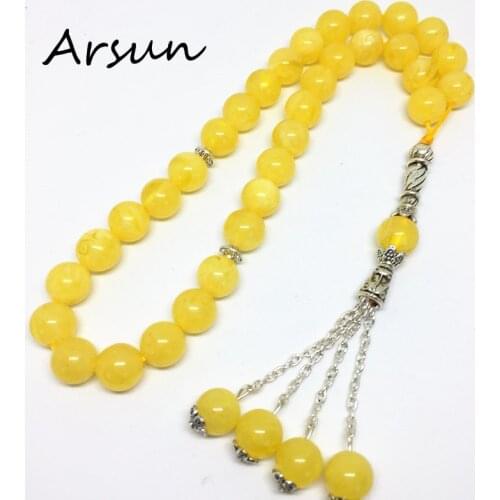 10mm Natural Yellow Resin Stone Round Shape 33 Prayer Beads Islamic Muslim Tasbih Allah For Men and Women Free Shipping