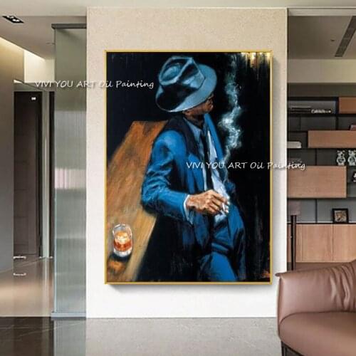 100% Hand-painted Cowboy Man Smoking Figure Oil Painting On Blue Large Size Canvas Professional Artist For Home Wall Decoration