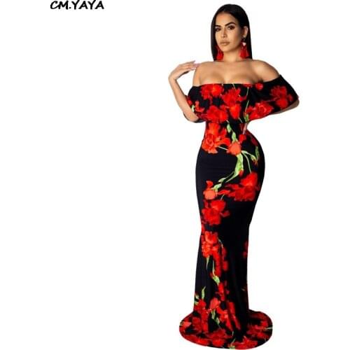 2019 women summer off shoulder short sleeve floral print mermaid floor length maxi dres party club dresses 2 color SMR9274