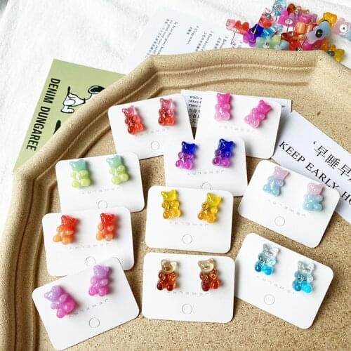 2021 New Cartoon Resin Bear Stud Earrings for Women Hit Colorful Bear Earrings Creative Transparent Candy Color Earring Gifts