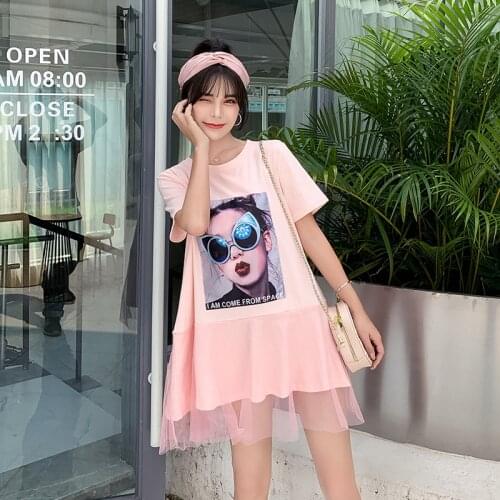 21522# Maternity Dress Summer Cotton Short Sleeves Cartoon Pattern Midi Dress Plus Size Dress Pregnant Women Mom Dress