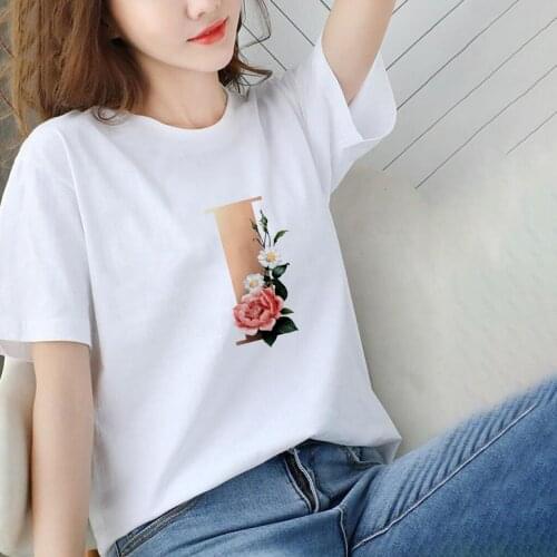 26 alphabet letter women T-shirt Girl A To Z Alphabet combination flowers Short Sleeve casual Korean Style Tops