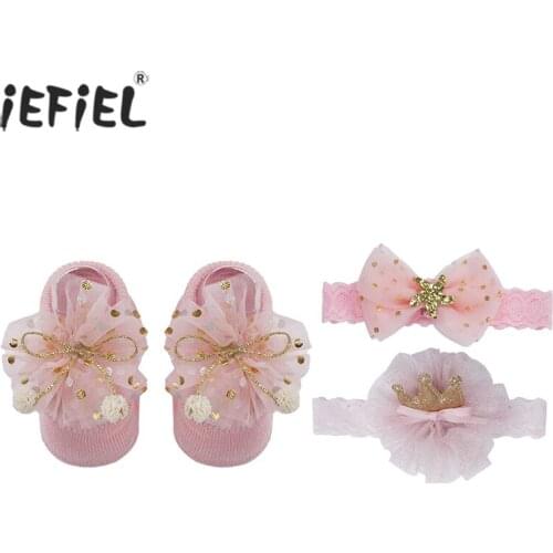 3Pcs/Set Baby Girl Flower Lace Elastic Headbands Socks Crown Bows Newborn Hairband Turban Baby Hair Accessories with Gift Box