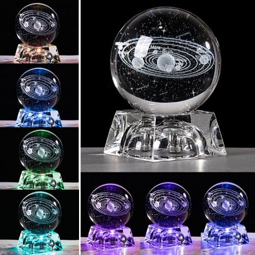 3D Laser Engraving Plant Mold Miniatured Ball K9 Crystal Solar System Globe With Crystal LED Base Night Light Luminous Crafts