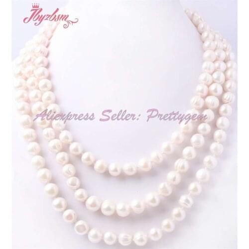 9-10mm Natural Nearround White Freshwater Pearl Gem Stone Beads Handwork Fashion For Christmas Gift Necklace 60" Not Button