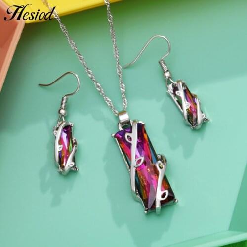Colorful Crystal Stone Rectangle Pendant Jewelry Sets Women Silver Color Geometry Drop Earrings/Necklace Set Wedding Party Gift