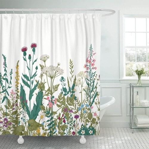 Floral Herbs and Wild Flowers Botanical Shower Curtain Waterproof Colorful Vintage Boho Bathroom Curtains with Hook