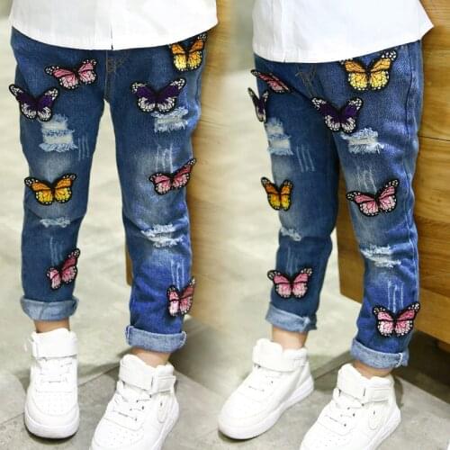 Kids Ripped Jeans for Girls 3D Butterfly Toddler Demin Long Pants Children Trousers Autumn Clothes Baby Little Girls Clothing