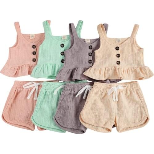 FOCUSNORM 0-4Y Summer Cute Kids Girls Clothes Sets 4 Colors Solid Strapless Button Ruffles Vest Tops Elastic Shorts