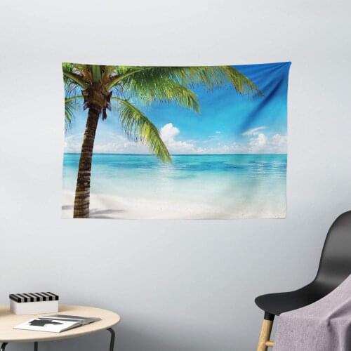 Ocean Tapestry Beach Water And Palm Tree By The Shore With Clear Sky Landscape Image Wall Hanging For Bedroom Living Room Dorm