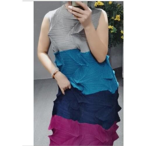 HOT SELLING Miyake fashion fold Diamond pleats dress sleeveless patchwork stand collar bud dress IN STOCK