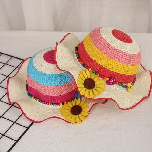 H7441 Childrens Summer Sunhat Korean Girls Flower Sunscreen Casual Stripe Hat Kids Beach Outdoor Sunshade Anti-ultraviolet Cap
