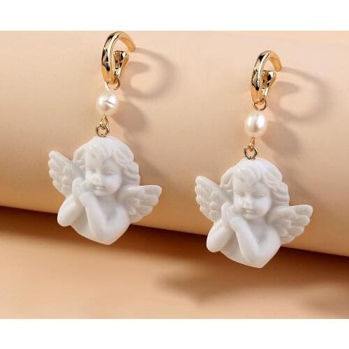 Imitation Pearl Cute Pure White Little Angel Statue Earrings For Women Best Party Gift For Girlfriend Wholesale
